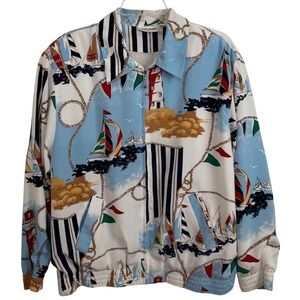 Vtg Alfred Dunner Nautical Zip‎ Jacket Sailboat Lighthouse Rope Print 80s 90s L